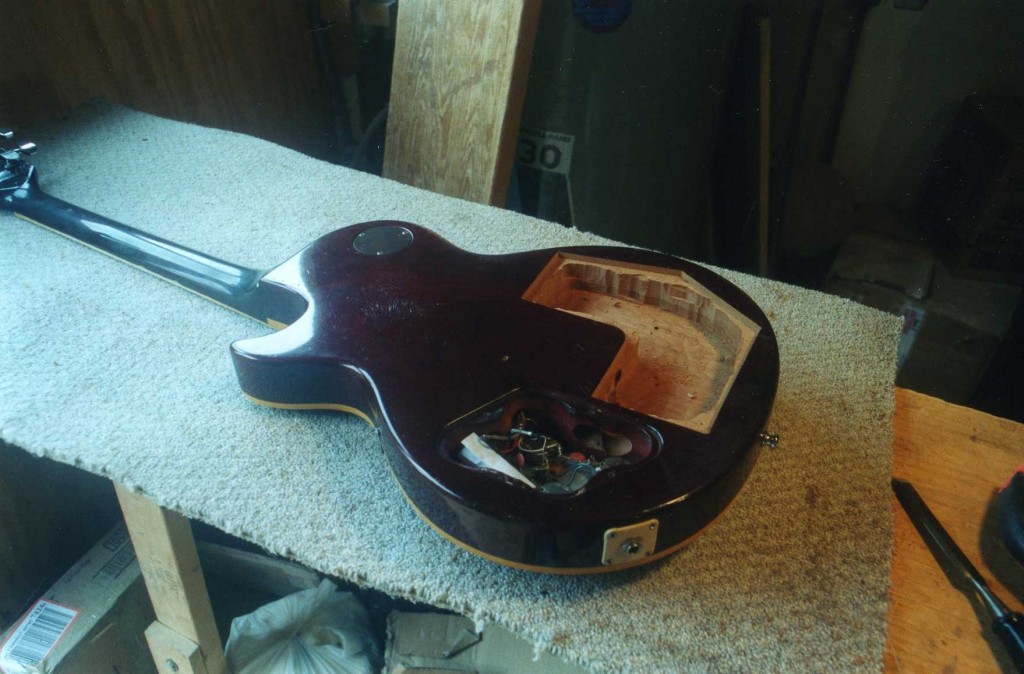 Customer brought Gibson Les-Paul with back drilled out to lighten guitar 
